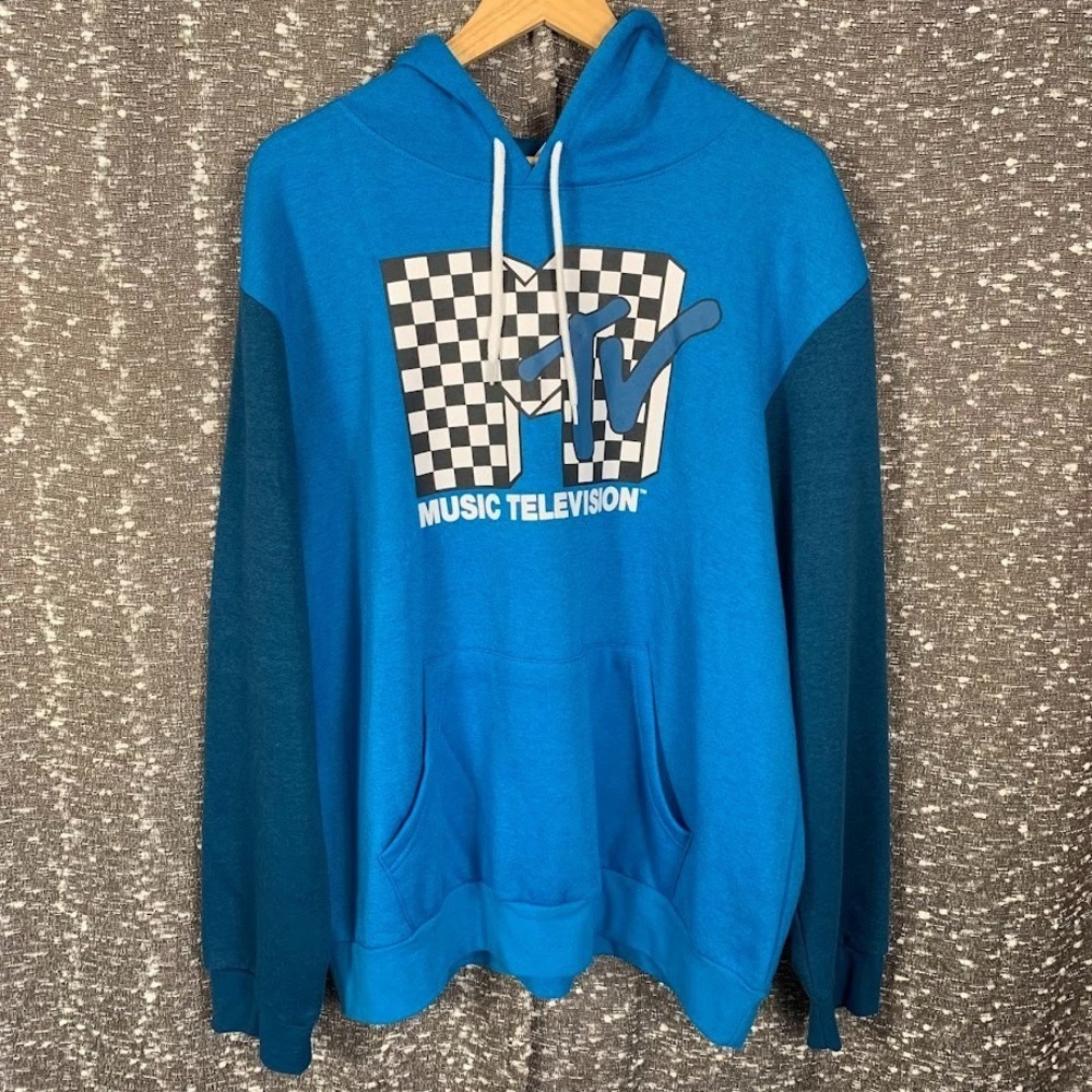 MTV Blue Colorblock Pullover‎ Sweatshirt Hoodie Checkered Logo Men's XXL